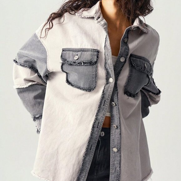 Casual Women's Patchwork Long Sleeve Loose Fit shacket Jacket - Picture 6 of 7